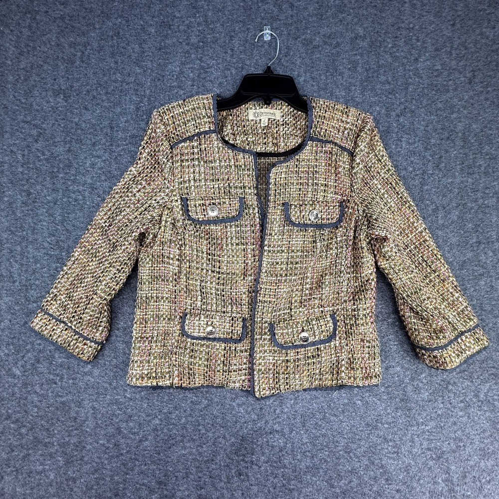Democracy Blazer Womens L Multicolor Boucle Tweed Cropped Jacket Navy 3/4 Sleeve